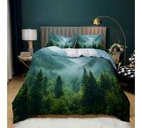 MFDXSD Smoky Mountain forest Duvet Cover Set Singles for Kids Teens Adult, Nature Pine Tree Bedding Sets with Zipper, Green Spring Woodland Firforest Landscape Comforter Cover with Pillowcase Single