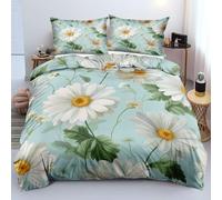 MFDXSD White Daisy Floral Duvet Cover Set Double - Easy Care Microfiber Green Bedding Set Reversible Natural Themed Flower Comforter Cover Set with Zipper Closure, Pillowcases Double