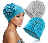 MFDYMYGS 2PCS Cancer Headwear Women, Chemo Headwear for Women UK Cotton Flower Design Soft Elastic Turbans for Hair Loss Sleep Caps (UK, Alpha, One Size, Light Blue+Light Gray)