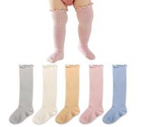 MFDYMYGS 5 Pairs Girls Knee High Socks,Cotton Baby Girl Socks,Ruffle Newborn Socks Gift (UK, Age, 1 Year, 3 Years, Regular, 5, Gray/White/Pink/Blue/Khaki)