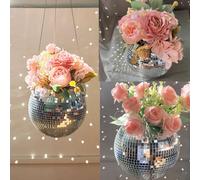 MFGDISCO 6inch Disco Ball Hanging Plant Pots,Boho Silver Mirror Disco Planter with Chain Hook and Macrame Rope for Indoor Outdoor Decor and Wooden Stand for Desk,Self Watering Insert Pots