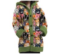 Mfhmom Womens Hooded Cardigan Sweater Button Down Coat Long Sleeve 3D Colourful Floral Print Jacket Plus Size Pockets Thick Chunky Knit Warm Winter Nordic Fair Isle Tops for Ladies UK (26,M)