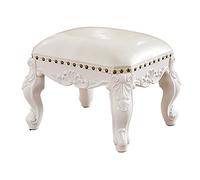MFLASMF Wooden Footstool with 4 Wooden Legs Sofa Stool with European Decor, Vintage Carved Padded Footstool, Small Cream White Leather Ottoman Footrest