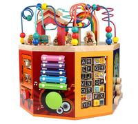 MFMEXUL Wooden Activity Cube With Rotary Knob And Steering Wheel Style Elements For Mastering Daily Tasks Suitable For Interactive Learning And Sensory Play, style to 2