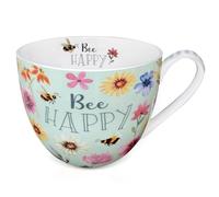 MFoffice 20 oz Bees & Flowers Coffee Hug Mug,“Be Happy” Designed to Spread Joy, Premium Bone China, Perfect Holiday and Birthday Gift for Women, Designed in England by Harvest Green Studio