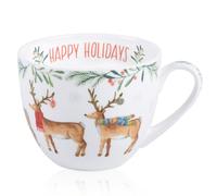 MFoffice Christmas Reindeer Mug - 20oz Bone China Coffee Tea Hug Mug with Happy Holidays Inside, Perfect Christmas or Any Holiday Gift for Women & Men - Designed in England by Harvest Green Studio