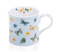 MFoffice Colorful Butterfly & Floral Coffee Mug - 16oz Premium New Bone China Blue Tea Cup, Elegant Ceramic Mug Gift for Women, Mom & Butterfly Lovers - Designed in England by Harvest Green Studio