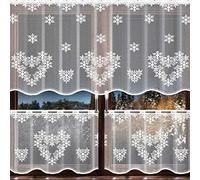 MforStyle White Kitchen romantic Cafe Net Curtain SNOFLAKE HEARTS - READY TO HANG - HEMMED EDGES - WIDTH SOLD BY METRES - DROP: 20" (50cm)
