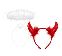 MFUOE 2pcs Angel Halo and Devil Horns Headband Set White Feather Angel Hair Ring and Red Demon Horns Hairband for Christmas Halloween Birthday Costume Party
