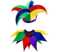 MFUOE 2PCS Mardi Gras Jester Costume Multicolor Jester Clown Hat Mardi Gras Collar for Masquerade Halloween Party Cosplay Fools Day