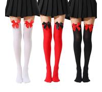 MFUOE 3Pairs Over Knee Thigh Highs Stockings with Bow Red White Black Women Hold Up Over The Knee Socks for Daily Wear Halloween Cosplay Fancy Dress