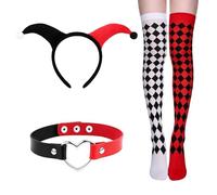 MFUOE 3PCS Halloween Joker Costume Black Red Joker Headbands Jester Choker Playing Card Pattern Stockings Halloween Clown Costume Accessories for Halloween Carnival Cosplay Party