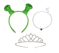MFUOE 3Pieces Green Headband Set Cute Plush Ears Headband Princess Tiaras Heart Necklace Crystal Crown Halloween Cosplay Accessories for Adult Party Prop