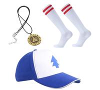 MFUOE 3Pieces Halloween Cosplay Costume Accessories Set Gravity Falls Dipper Hat Necklace Striped Socks Gravity Costume Cosplay for Unisex Adult