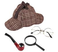 MFUOE 4 Pcs Detective Costume Set Deerstalker Hat Magnifying Glass Pipe Victorian Sherlock Holmes Fancy Dress Accessory for Halloween Costume Party Accessories
