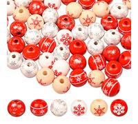 MFUOE 60 Pieces Snowflake Beads 16mm Christmas Wooden Beads with 30 Feet Twine for Crafts Ornaments Jewelry Making Red