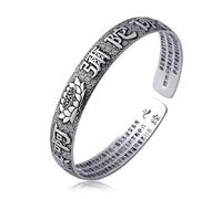 Vintage 999 Pure Silver Feng Shui Bracelet, Six-Character Mantra Pixiu Heart Sutra, Tibetan Buddhist Wealth & Luck Amulet, Adjustable for Men & Women(Lo-Tus C)