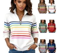 Mfyxde Half-Zip Rainbow Striped Sweatshirt - Half-Zip Collar Fashionable Rainbow Striped Sweatshirt, Cozy & Bright (White,M)