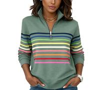Mfyxde Half-Zip Rainbow Striped Sweatshirt, Half-Zip Collar Fashionable Rainbow Striped Sweatshirt, Cozy & Bright (Green,L)