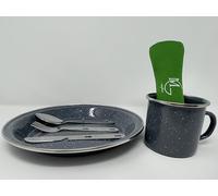 MG Camping & Picnic Dining Set - Consist of a Camping Plate, Grey Enamel Camping Mug, Stainless Steel Camping Cutlery Set (Fork, Spoon and Knife with Bottle Opener) in Lovely Green Hygiene Case/Pouch