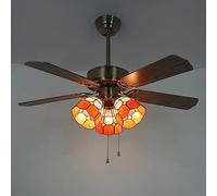 MG REAL Tiffany Style Ceiling Fan with Light, 5 Reversible Wooden Blades, 3 Speeds Silent, Vintage Stained Glass Chandelier for Bedroom Living Room, Orange,3 Lights