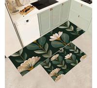 MGDIFYXAA 2 Pieces Linear Geometry Non Slip Kitchen Rug Set,Dark Green Rosemary Flowers Water Absorbent Floor Mats, Kitchen Carpets and Rugs for Home Dining Room and Entryway,