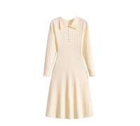 MGDIFYXAA Jumper Dress for Women - Fall Winter Warm Knitted Sweater Dresses Office Ladies Elegant Long Sleeve Polo Collar High Waist A-Line Retro Twist Dress Apricot S