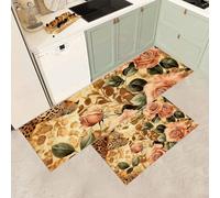 MGDIFYXAA Kitchen Rug 2 Piece Set,Non-Slip Absorbent and Washable Runner Rug,Retro Animals Kitchen Floor Mat for Home, Office, Sink, Laundry (Pink Rose Leopard,40×60cm+40×120cm)