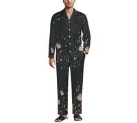 MGDIFYXAA Mens Black Pyjamas Set Cotton Long Sleeve Button Down Top and Pants 2 Piece PJ Set Soft Comfy Loungewear Men's Cute Star Plants Nightwear with Pockets XL