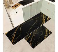 MGDIFYXAA Non-Slip Kitchen Runner Rugs 2 Piece - Black and gold thread texture Absorbent Soft Low Pile Area Floor Rug for Laundry Room Bedroom Entrance