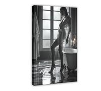 MGDUJGH Black And White Sexy Woman Taking Bath, High Heels Bathroom, Elegant Monochrome Portrait Canvas Wall Art Posters And Prints Room Aesthetic Bedroom Office Decor 12x18inch(30x45cm)