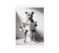 MGDUJGH Brown Staffordshire Bull Terrier, Sitting on The Toilet, Reading Newspaper, Funny Bath Canvas Art Wall Decor Posters Home Bar Restaurant Garage Cafe Logo Gift 24x36inch(60x90cm)