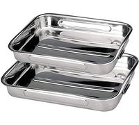 MGE World Set of 2 Rectangular Stainless Steel Roasting Pans - Silver - 35 x 26 cm (Large) & 30 x 20 cm (Medium) - Handles - Oven Safe Up to 446°F
