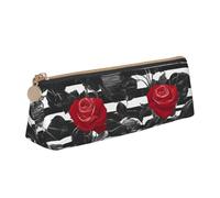 MGGAklp Black White Stripes Red Rose Flowers Print Pencil Case with Zipper Office Stationery Organizer and Travel for Women Men