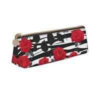 MGGAklp Black White Stripes Red Rose Flowers Print Pencil Case with Zipper Office Stationery Organizer and Travel for Women Men