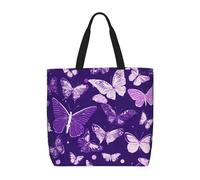 MGGAklp Purple Butterflies Floral Print Tote Bag With Zipper Stylish Reusable Shoulder Totes For Shopping Work, Vacation