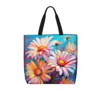 MGGAklp Summer Floral Daisies Flower Print Tote Bag With Zipper Stylish Reusable Shoulder Totes For Shopping Work, Vacation