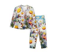 MGGAklp Summer Floral Daisies Flower Print Women'S Pajama Set Button Down Long Sleeve Shirt And Pants Cute Loungewear Black