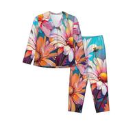 MGGAklp Summer Floral Daisies Flower Print Women'S Pajama Set Button Down Long Sleeve Shirt And Pants Cute Loungewear Black