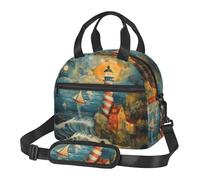 MGGAklp The Seaside Lighthouse Print Lunch Tote Bag Reusable Cooler Lunch Box Shoulder Strap for Work Picnic