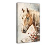 MGHDGD Christmas Horse Art, Vintage Christmas Oil Painting Canvas Poster Wall Art Decor Print Picture Paintings for Living Room Bedroom Decoration 12x18inch(30x45cm)