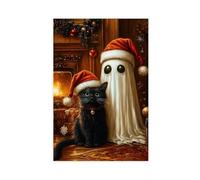 MGHDGD Christmas Spooky Ghost Art, Black Cat And Ghost Oil Painting Canvas Poster Wall Art Decor Print Picture Paintings for Living Room Bedroom Decoration 24x36inch(60x90cm)