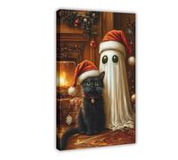MGHDGD Christmas Spooky Ghost Art, Black Cat And Ghost Oil Painting Canvas Poster Wall Art Decor Print Picture Paintings for Living Room Bedroom Decoration 24x36inch(60x90cm)