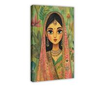 MGHDGD Enchanting Saree Portrait in Folk Art Style Canvas Poster Bedroom Decor Landscape Office Room Decor Gift 12x18inch(30x45cm)