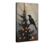 MGHDGD Raven on Christmas Tree Art, Gothic Crow Canvas Poster Bedroom Decor Landscape Office Room Decor Gift 24x36inch(60x90cm)