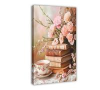 MGHDGD Spring Floral Stack of Books Print with Pink Roses Canvas Poster Bedroom Decor Landscape Office Room Decor Gift 08x12inch(20x30cm)