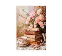 MGHDGD Spring Floral Stack of Books Print with Pink Roses Canvas Poster Wall Art Decor Print Picture Paintings for Living Room Bedroom Decoration 12x18inch(30x45cm)