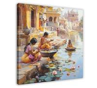 MGHDGD Traditional Ganges River Scene with Women in Ritual Canvas Poster Bedroom Decor Landscape Office Room Decor Gift 12x12inch(30x30cm)