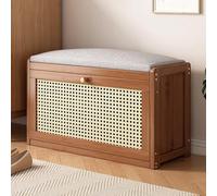 MGHRUEWH Rattan Shoe Bench - Entryway Bench with Adjustable Shelf & Linen Seat Cushion, Wooden 2-Tier Shoe Rack Organizer for Entryway And Hallway,Brown,70cm