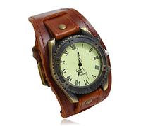 Mgiahekc Retro Men's Leather Bracelet Watch, Punk Style Wide Leather Fashion Cuff Wristwatch, Personality Versatile Bracelet Accessories,Brown